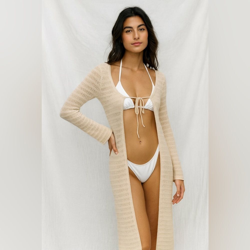 NWT BP. BEIGE CROCHET KNIT LONG SLEEVE CARDIGAN BOHO COVERUP WOMENS SIZE XS